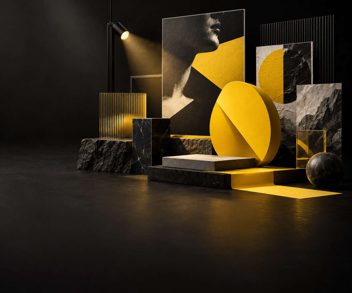 Campaign posters and yellow sculpture under a studio spotlight