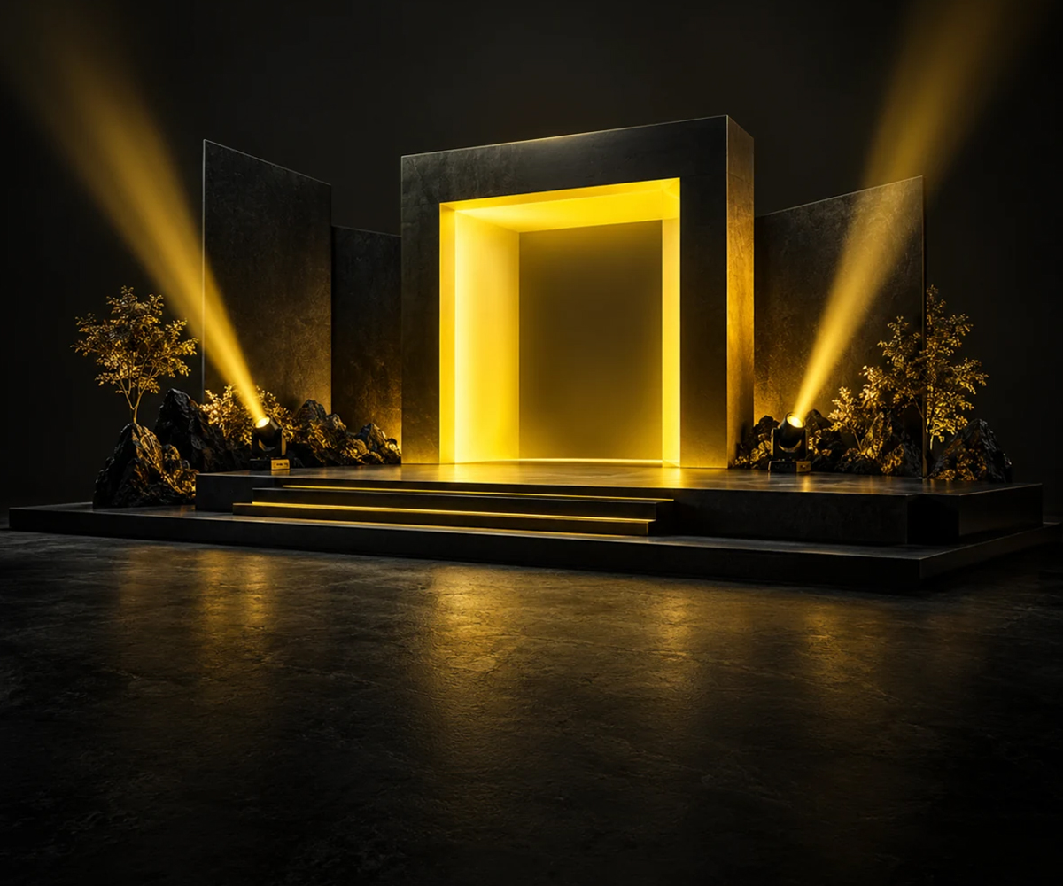 Black event stage with an illuminated yellow portal and sweeping spotlights